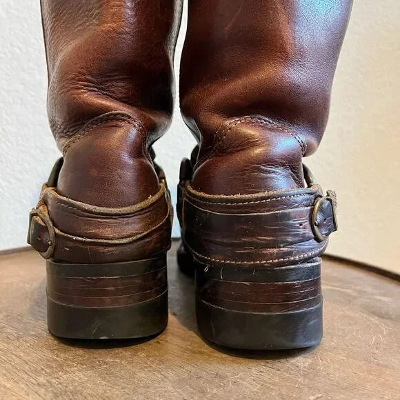 FRYE Harness Brown Leather Belted Square Toe Riding Boots Women's Size 6 - Picture 10 of 16